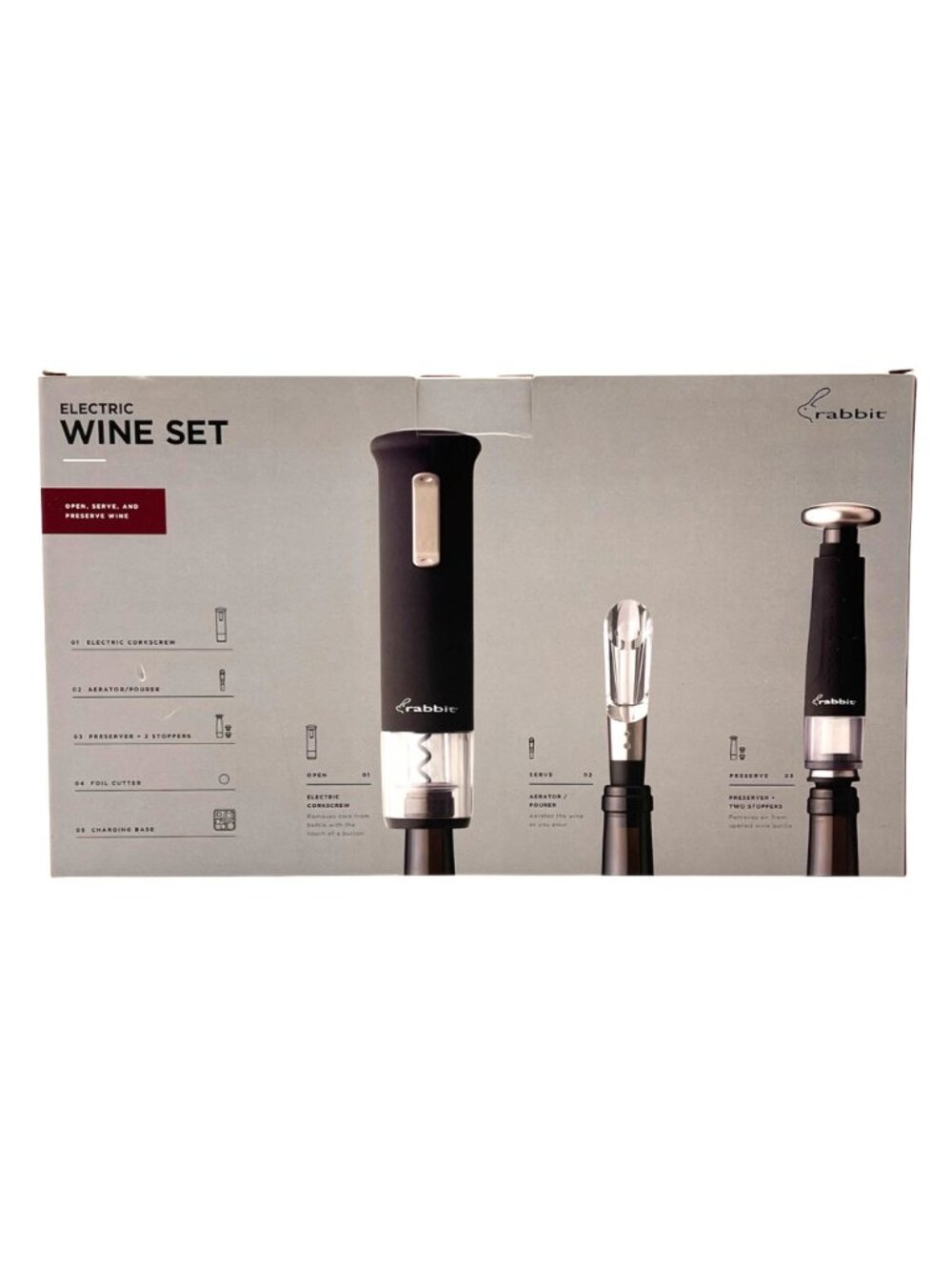 Rabbit Electric Wine Set With Corkscrew Aerator Preserver Foil Cutter Charger - Picture 4 of 11